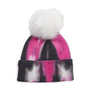 JOCELYN Pink Tie Dye Faux Fur Pom Pom Beanie Hat
